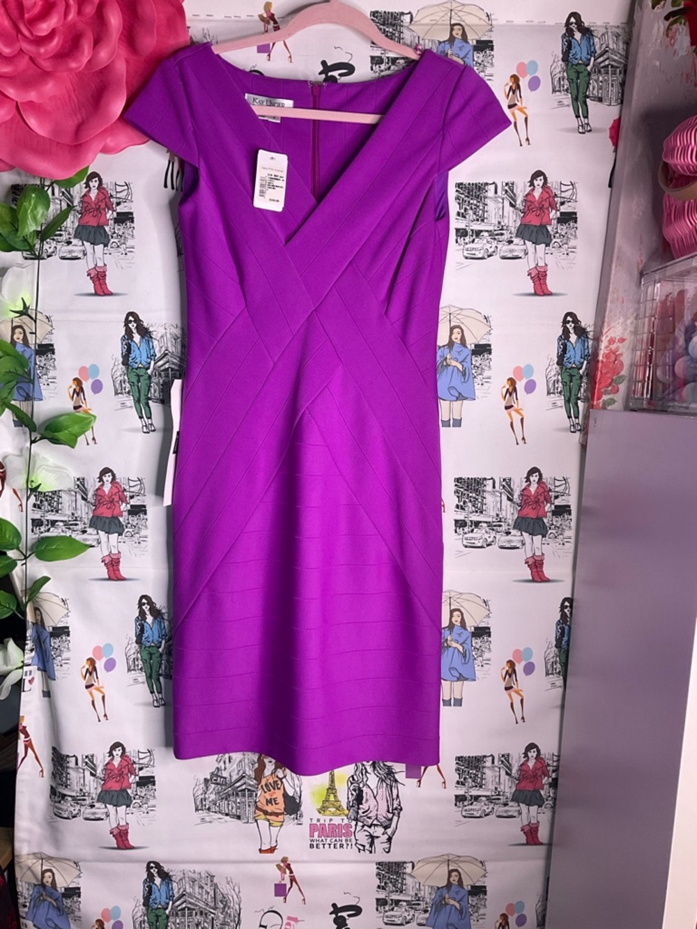 Kay Unger Purple Cap-Sleeve V-Neck Midi Sheath Dress